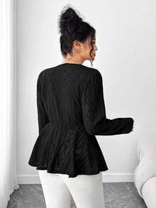 Elenzga Plus Size Women Solid Color Lace V-Neck Ruffle Hem Long Sleeve T-Shirt Long Sleeve Black Top Black Peplum Top Black Blouses For Women Black Babydoll Top - Black - View 2