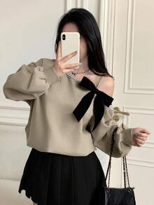 Modelyn 秋冬宽松蝴蝶结斜肩休闲短款卫衣 - 卡其色 - 查看 8
