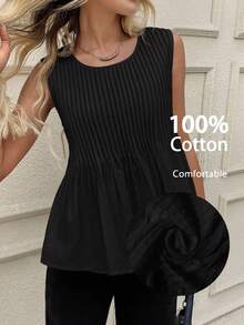 SHEIN LUNE 黑色无袖圆领荷叶边衬衫，适合日常休闲穿着，纯棉夏季上衣，100%纯棉，黑色无袖上衣，秋季上衣，休闲款。 - 黑色 - 查看 8