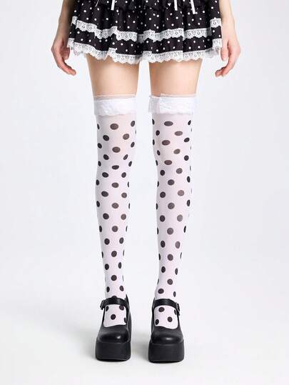 ROMWE Kawaii 1 par de medias por encima de la rodilla con lunares y ribete de encaje para mujer