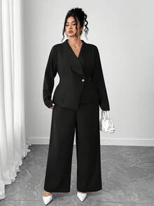 Elenzga Bộ vest vest nữ thanh lịch cổ chữ V tay dài cài nút thắt lưng và quần ống rộng ống đứng - màu đen - Xem 4