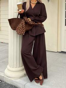 DAZY Bộ 2 món áo sơ mi trơn màu có thắt lưng và quần ống rộng dành cho nữ, Thu/Đông - Cà phê nâu - Xem 1