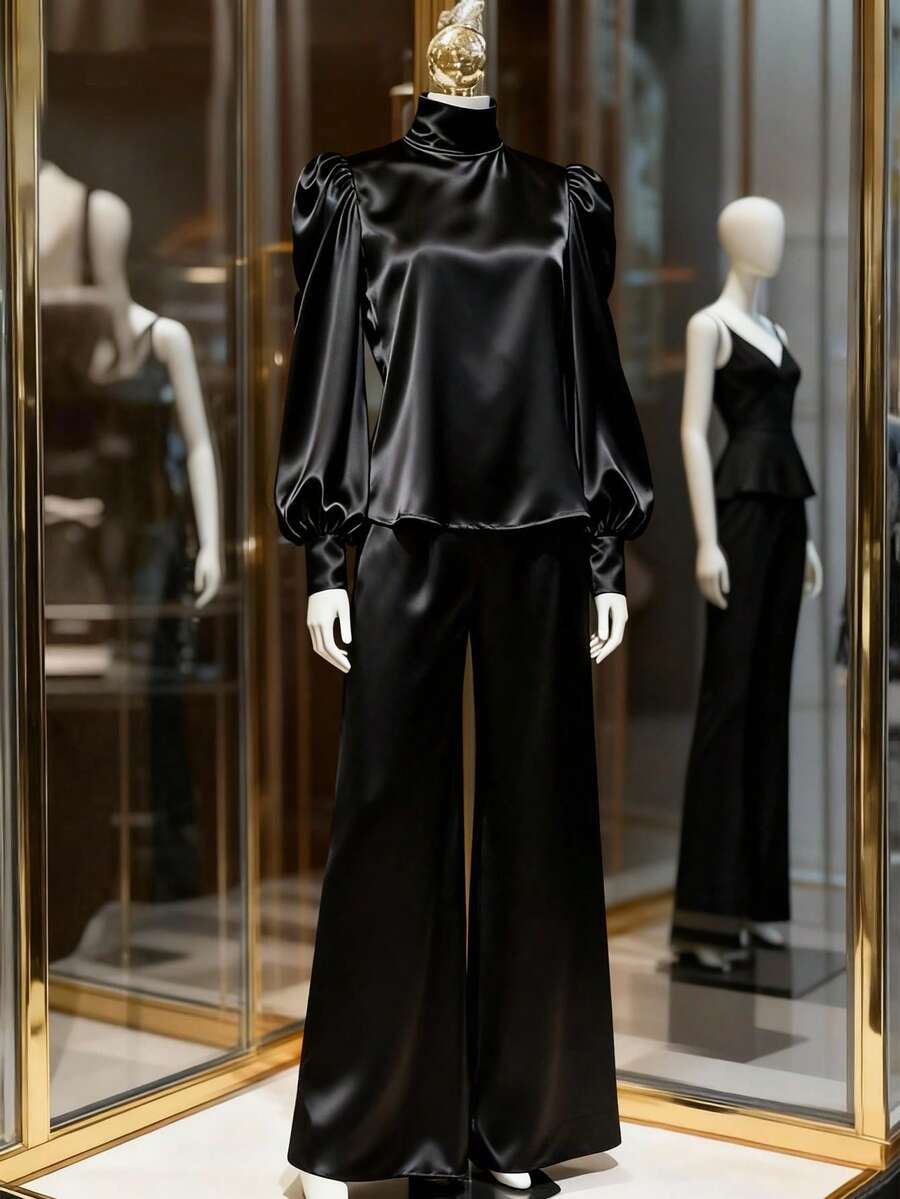 Franclia Women's Satin Texture Long Sleeve Set: Elegant Satin Backless Tie Design Long Sleeve Top And Wide Leg Straight Pants, Chic And Versatile Commuter Suit, Autumn Luxurious Minimalist Black Long Sleeve Two Pieces Set, Graceful Mature Style, Early Autumn Blouse And Pants Set - Black - View 1