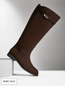 SHUZIA 女式宽筒日常休闲舒适圆头粗跟仿麂皮及膝靴，带金属装饰 - 棕色 - 查看 2