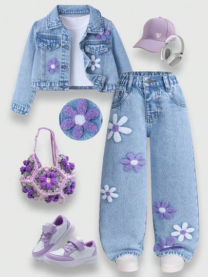 SHEIN ChillGRL 两件套女童牛仔套装 - 花卉刺绣牛仔外套 + 阔腿牛仔裤，时尚休闲套装，适合年轻女孩，是理想的礼物和户外服装。