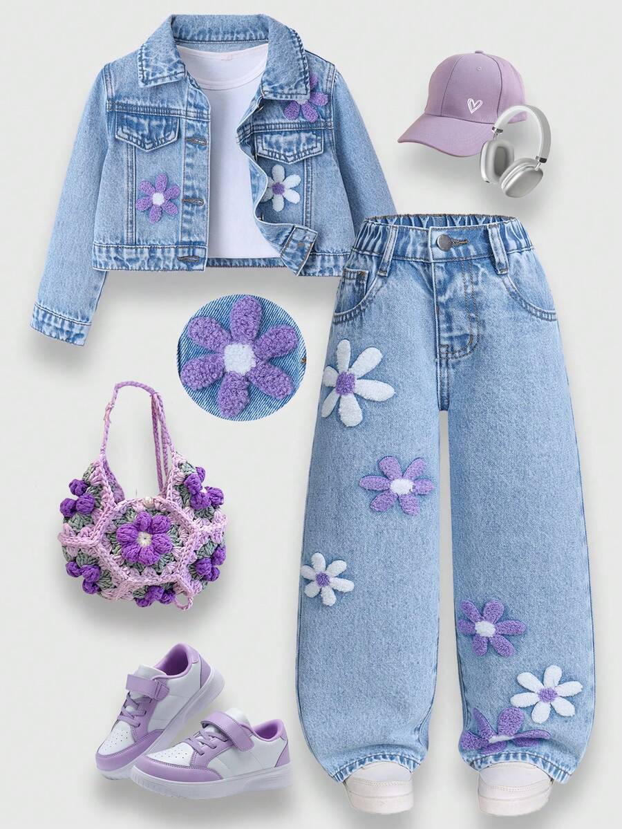 SHEIN ChillGRL 两件套女童牛仔套装 - 花卉刺绣牛仔外套 + 阔腿牛仔裤，时尚休闲套装，适合年轻女孩，是理想的礼物和户外服装。