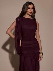 SHEIN BAE Women's Solid Color Pleated Asymmetric Collar Elegant Dress,Spring, Summer Dress,Spring Outfit Women ,Summer Outfit For Women, Valentine's Day,Valentine Outfits For Women ,Elegant ,Vacation Outfits Women ,Summer Holiday Outfits ,Casual,Beach Outfit For Women,Burgundy Dress , - Purple - View 6