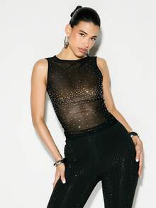 KIZN Sparkly Diamante Embellished Mesh Tank Top With Sheer See Through Body Bodycon Sleeveless Blouse For Evening Party Club Wear Occasions - Black - View 1