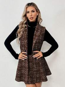 Elyressa 女士秋季格子翻领双排扣无袖外套和中长裙优雅套装 - 棕色 - 查看 6