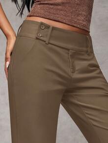 SHEIN BAE 女士纯色口袋优雅喇叭裤 女士正装裤 商务休闲女裤 秋季，女士秋装，女士冬装 - 卡其色 - 查看 6