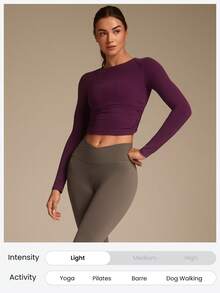 GLOWMODE FeatherFit™ Twist And Flow Crewneck Twisted Back Thumbholes Built-In Bra Long-Sleeve Top Low-Impact Yoga Pilates Barre Gym Studio Daily Casual Wear - Bold Plum - View 6