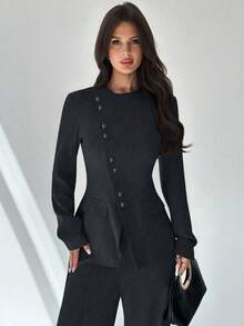 Firerie 女士优雅通勤日常百搭街头时尚新款不对称翻领纽扣腰长袖西装外套和高腰长裤卡其灰色两件套西装套装秋冬女装 - 藏蓝色 - 查看 7