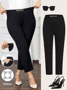 Ellevyn Pantalon pour femmes grande taille, élégant, noir, polyvalent, avec poches, décoration de chaîne métallique à la taille. Convient pour le travail, les femmes d'affaires professionnelles, le bureau. Pantalon à taille haute élégant pour femmes, pantalon noir pour femmes avec courbes et petite taille, pantalon avec strass - Noir - Voir 10