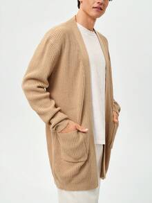 RONVEXI Loose Fit Men's Solid Ribbed Knit Duster Beige Cardigans, Long Sleeve Top - Pale Yellow - View 5