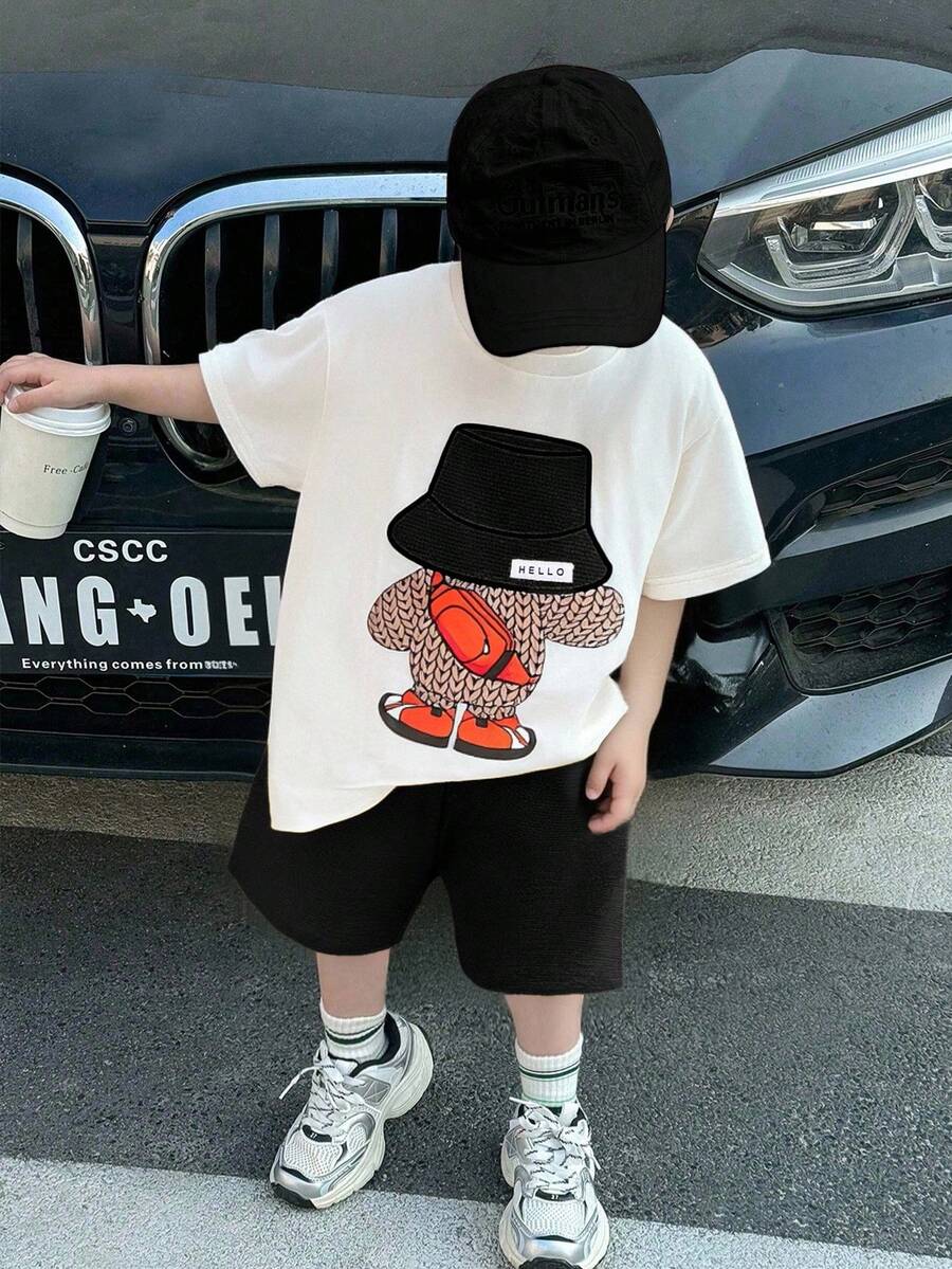 SHEIN 2pcs/Set Young Boy Kids Comfortable Daily Versatile Casual Cute Loose Fit Japanese And Korean Style Animal Bear Pattern Embroidered Round Neck Short Sleeved T-Shirt Knitted Top And Yellow Waffle Shorts Set, Suitable For Spring And Summer Seasons, Daily Life, Sports, Campus, Gatherings, Festivals, Performances, Photography, Back To School Season - Black - View 1
