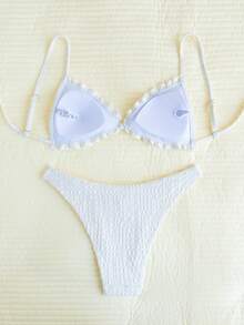 Swim Mod Textured Fabric Ruffles Front Tie Bow Waist Pleat Cute Sweet Fashionable Lively Party 2Pcs Bikini Set For Summer Beach Vacation - Beige - View 4