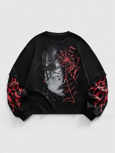 Street Life Men's Fashion Gothic Dark Print Long Sleeve 2 In 1 T-Shirt