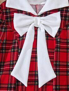 少女格子连衣裙，蝴蝶结装饰，长袖，收腰，时尚拼接领 - 彩色 - 查看 7