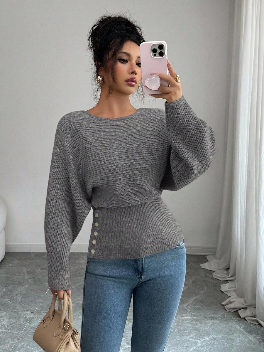 Elenzga Women's New Autumn/Winter Single-Piece Design Batwing Sleeve High-End Buttoned Minimalist Everyday Knit Long Sleeve Top - Dark Grey - View 1