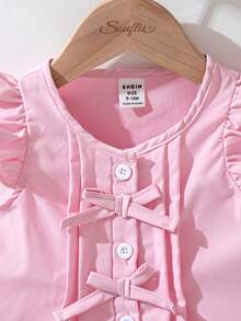 Souflis French Retro New Light Pink Sleeveless Round Neck Front Placket Pleated Blouse Paired With Light Pink Wide Leg Pants, Casual Versatile Outfit For School, Outing, Multiple Occasions, Baby & Baby GirlSet - Pink - View 5