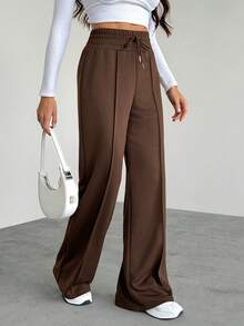 SHEIN Tall Women's Solid Color Drawstring Waist Wide Leg Loose Casual Sweatpants Graduation,Back To School,Graduation,Teacher For Women,Back To School - Brown - View 4