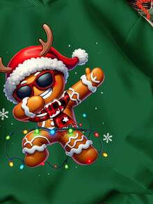 Tween Boy Casual Minimalist Fashion Classic Christmas Warm & Comfortable Cartoon Gingerbread Man & Christmas Pattern Thick Hooded Sweatshirt, Suitable For Autumn/Winter - Dark Green - View 5