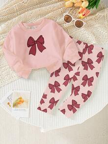 2pcs Baby Girls Casual Fashionable Cute Bow Print Pink Crew Neck Sweatshirt And Butterfly All-Over Print Leggings Set, Autumn/Winter Infant Toddler Hoodie And Pants 2-Piece Outfit - Multicolor - View 4