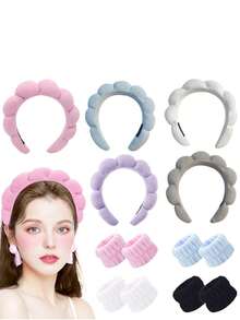 6件套天鹅绒发带爪夹腕带套装，女士SPA头带发箍，适用于洗脸、护肤、化妆，母亲节情人节礼物 - 黑色 - 查看 6