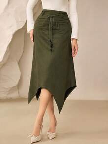Modelyn 女士不对称A字裙，纯色复古仿麂皮面料 - 軍綠色 - 查看 10