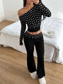 SHEIN EZwear 大码优雅通勤波点印花不对称领上衣和裤子两件套 - 黑色 - 查看 6