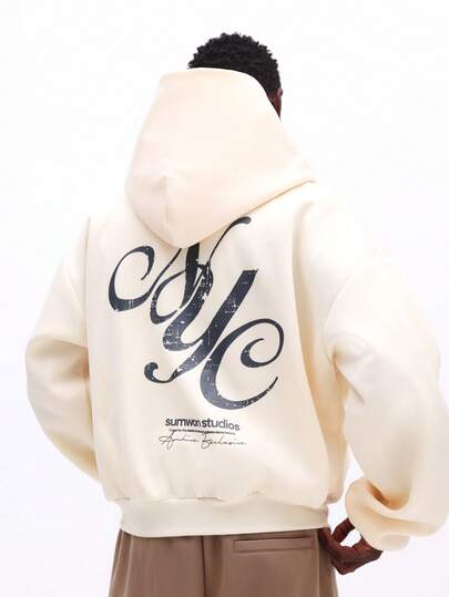 SUMWON Regular Cream Zip Up Hoodie With Stylographic Print Signature Exclusive Soft Fleece Sweatshirt Casual Streetwear