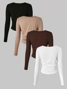 SHEIN Sparklyn Bốn chiếc áo thun dài tay ôm sát, nhiều màu sắc, phù hợp cho các bé gái tuổi teen. Áo thun cổ tròn, dệt kim, co giãn cao, ôm sát, dáng ngắn, hoàn hảo cho trang phục thường ngày và nhiều lớp áo đa năng, phù hợp cho mùa xuân và mùa thu. - Nhiều màu - Xem 2