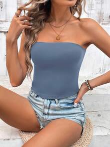 Sylviya 女士纯色休闲露肩抹胸，紧身运动休闲短款蓝色上衣，适合夏季