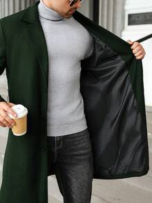 Manfinity Mode Plus Size Men's Casual Solid Color Notched Collar Single-Breasted Wool Blend Coat, Autumn/Winter Men Long Coat Men Outerwear