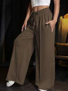 SHEIN Unity Women's Espresso Brown Casual Loose Fit Sweatpants,Drawstring Waist Solid Color Winter Lounge Pants,Fall Back To School Outfits,Teacher Graduation - Mocha Brown - View 6