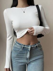 SHEIN BASICS 2 chiếc áo thun ngắn tay dài cổ tròn dệt kim trơn dành cho nữ, vải ấm nâng cấp, lót nhiệt mà không cồng kềnh, áo thun co giãn cơ bản đa năng cho mùa thu đông dành cho nữ - Màu xanh lam - Xem 3
