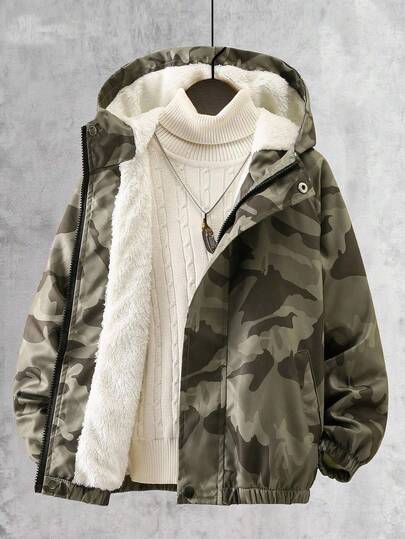 Vacaura 1 pieza Chaqueta con capucha de forro polar con camuflaje verde militar para adolescentes, adecuada para actividades al aire libre de otoño/invierno