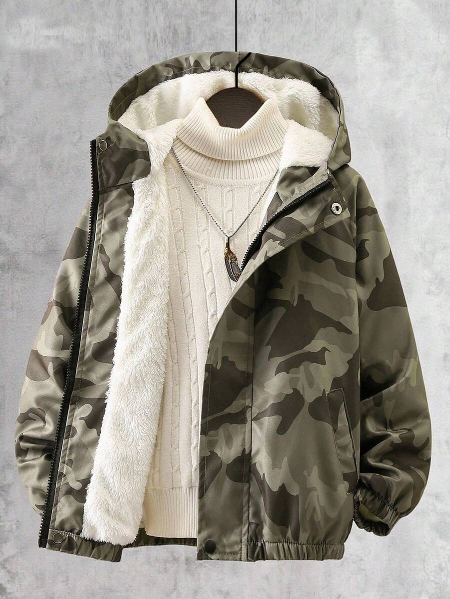 Vacaura 1pc Teenage Boys' Military Green Camouflage Hooded Fleece Jacket, Suitable For Autumn/Winter Outdoor Activities