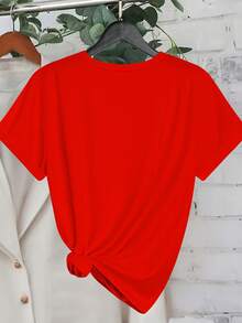 EMERY ROSE Plus Size Bow Print Round Neck Casual Versatile Short Sleeve T-Shirt - Red - View 2