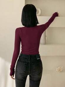 DAZY 女士休闲纯色高领修身 T 恤，春秋长袖女上衣，秋季女装 - 酒紅色 - 查看 6