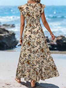 Sylviya 休闲女式褶皱荷叶边盖袖抽绳腰部荷叶边下摆 A 字长裙，印花度假连衣裙 - 卡其色 - 查看 2