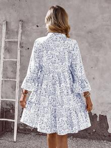 EMERY ROSE 女士印花V领喇叭袖休闲迷你连衣裙，适合度假 - 藍色 - 查看 2