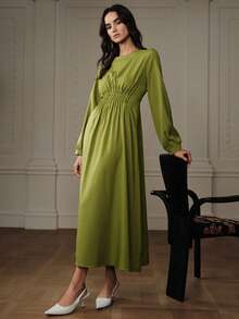 Aveloria Robe à col rond plissée avec cordon de serrage à la taille, manches longues, design mode et polyvalent - Vert - Voir 6