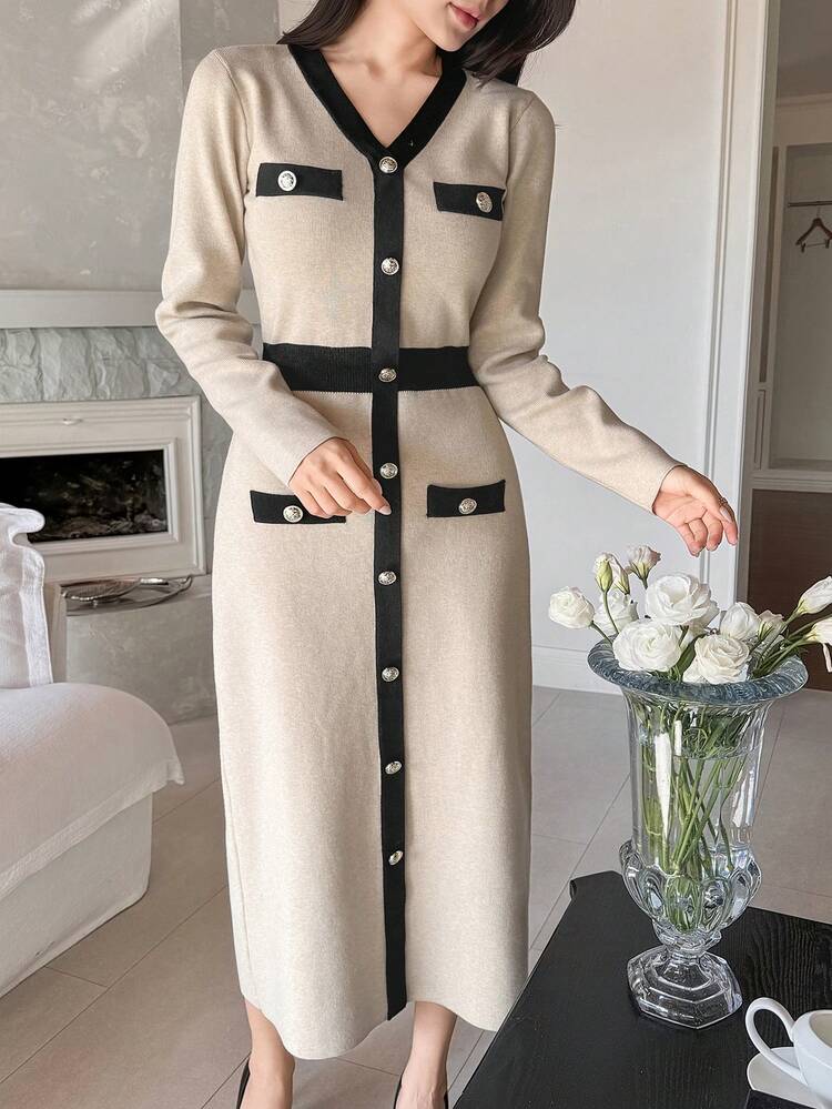 Women's Elegant Colorblock Faux Pocket Button Embellished Sweater Dress, Autumn/Winter