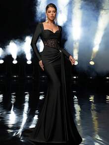 Glamrae 优雅奢华的串珠亮片拼接弹力针织美人鱼长裙，长袖设计，适合婚礼、派对、度假、盛大晚宴和正式场合。 - 黑色 - 查看 8