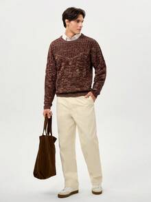 RONVEXI Men's Solid Color Minimalist Crew Neck Long Sleeve Sweater, Casual Everyday Wear - Coffee Brown - View 4