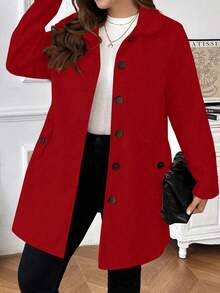 Jaqueta de Lã de Manga Longa com Bolso e Botões na Frente, Casual e Monocromática, Plus Size - Vermelho - Visão 5