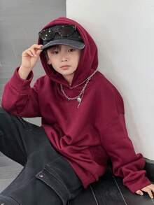 DAZY Tween Boy Casual Loose Solid Color Fleece Sweatshirt, Basic Style For Students, Cool Autumn