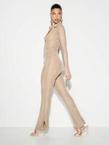 KIZN Hotfix Rhinestone Embellished Skinny High Rise Split Hem Flare Trousers Party Evening Formal Pants - Apricot - View 3