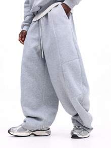 SUMWON Bộ đồ hoodie pha trộn cỡ lớn và quần nỉ ống rộng phối chi tiết đường may cho trang phục mặc nhà mùa đông thoải mái hàng ngày - Xám - Xem 4